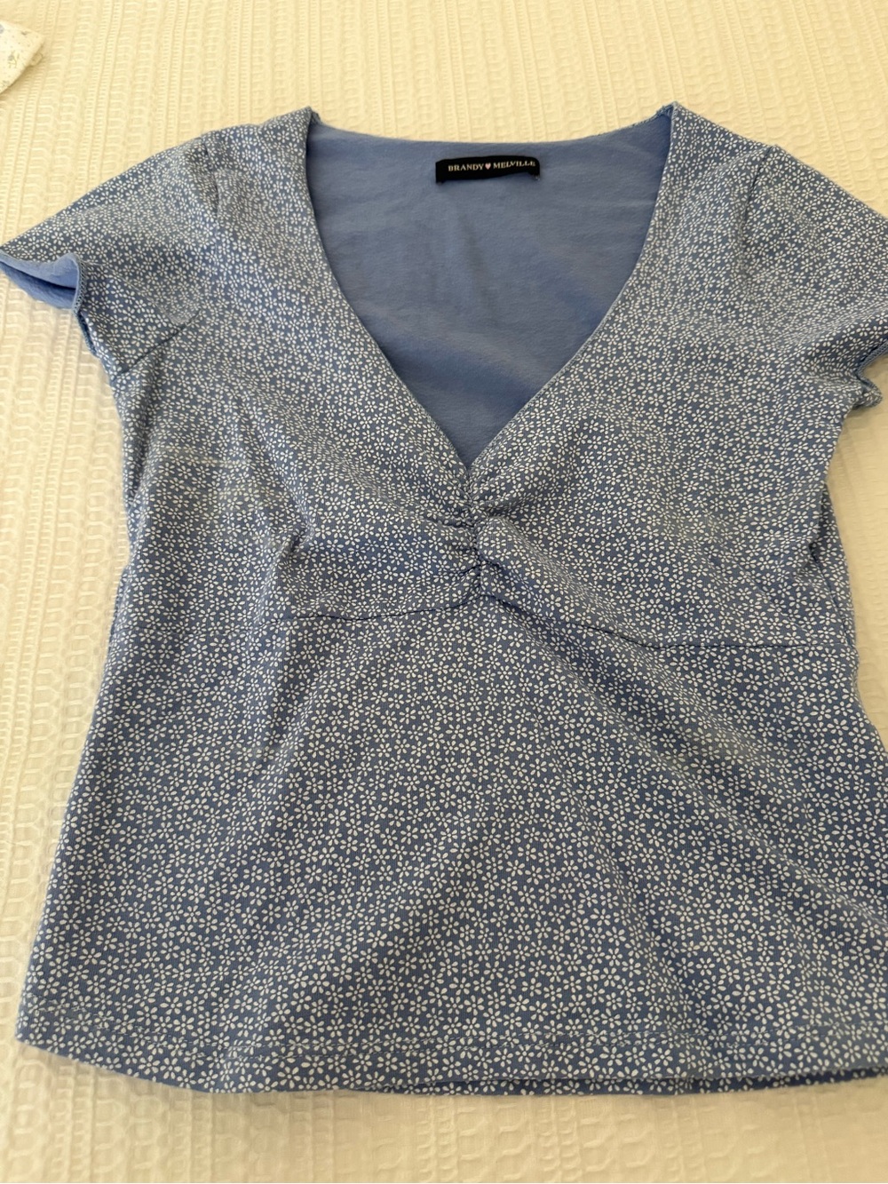 Brandy Melville Light Blue Floral V-Neck Knot Front Tee